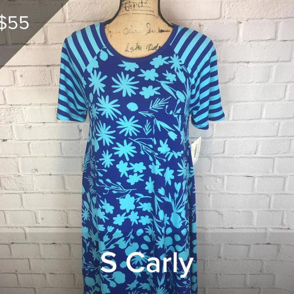 Aqua & Royal Blue Flowers & Striped Sleeves Carly Swing Dress by LuLaRoe - Small